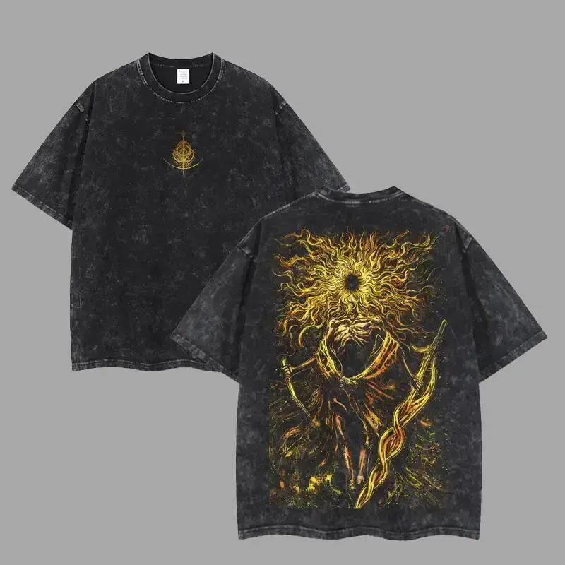 Vintage Streetwear Graphic Tee for Men, Washed Cotton Lord of Frenzied Flame Print, Lightweight Elden Ring Gift, Graphic T Shirts, Mens Clothing, Beads, Vintage Graphic Tees