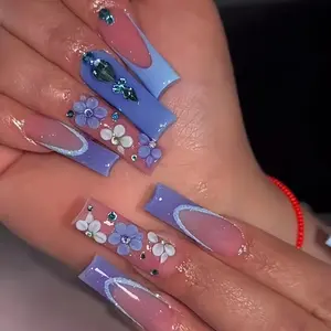 24pcs Small Flower Water Pipe Nail Art Design French Rhinestone Long False Nails, Ready-To-Wear Manicure Stickers, Complete Nail Set