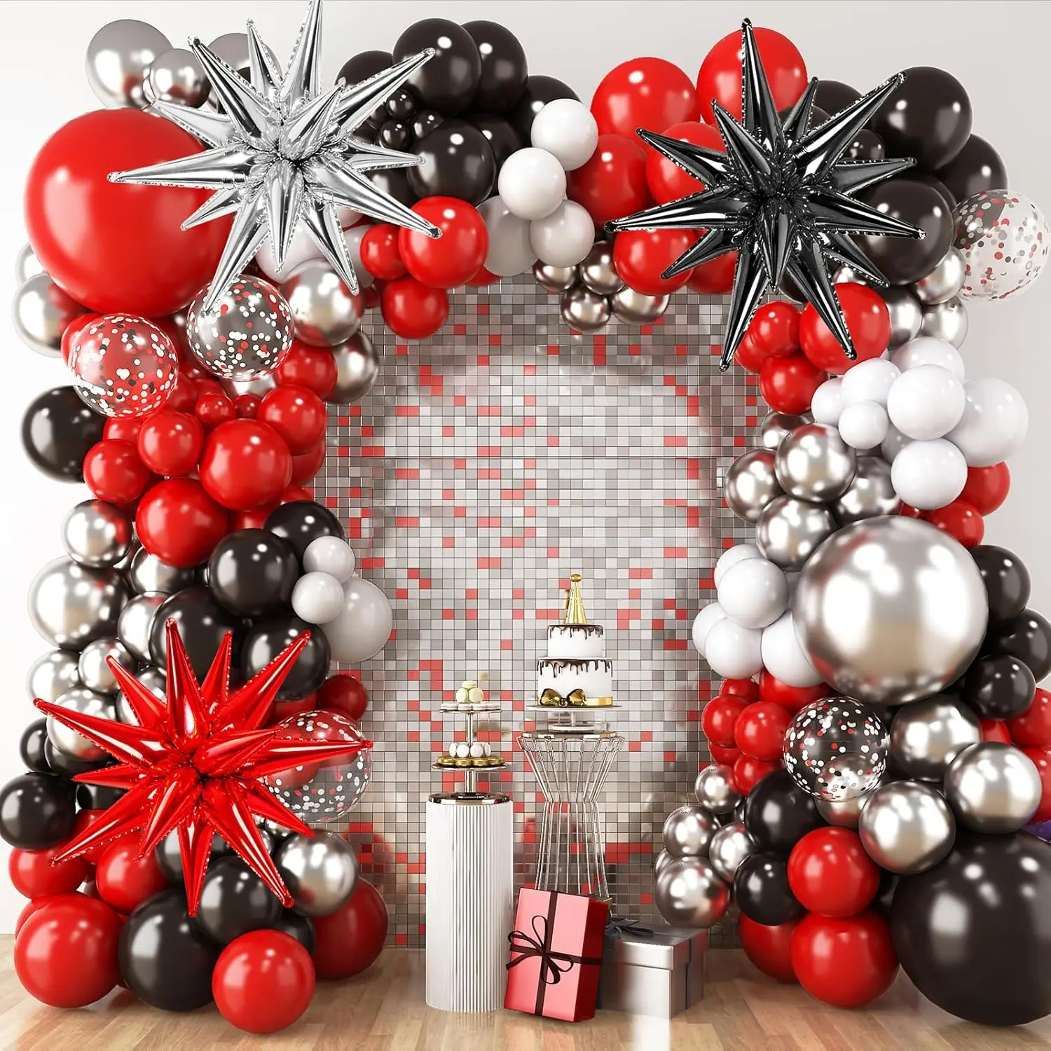 Red and Black Balloon Arch Kit 140pcs| Red Black and Metallic Silver Confetti Star Latex Balloons for Birthday Wedding Decorations