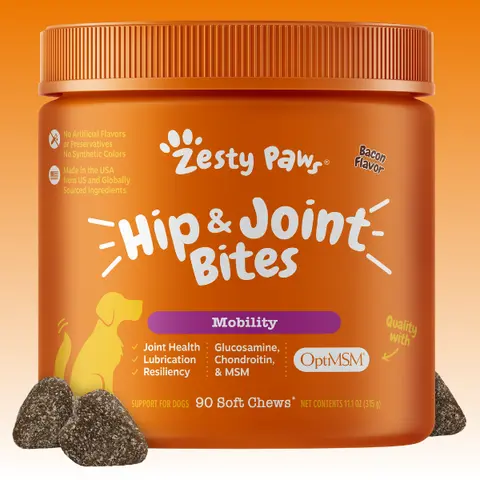 Zesty Paws Hip & Joint Mobility Bites for Dogs Natural Joint Health Supplements with OptiMSM Glucosamine & Chondroitin Sulfate 90 Soft Chews