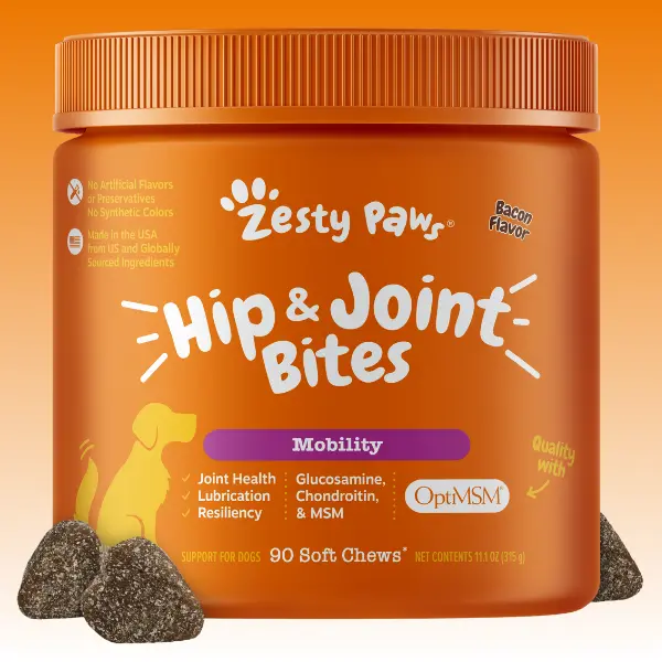 Zesty Paws Hip & Joint Mobility Bites for Dogs Natural Joint Health Supplements with OptiMSM Glucosamine & Chondroitin Sulfate 90 Soft Chews
