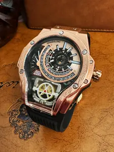 Large Size High-End Motorcycle Men's Mechanical Quartz Analog Watch, Hollow Out Transparent Movement, Silicone Band, Business Casual Wristwatch, Quartz Watches