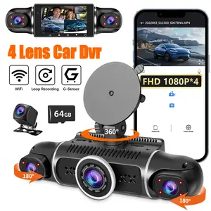 Four-Channel Car Dash Cam with Rotatable Dashcam, 360° Panoramic Recording, Quad Camera Display, GPS Location, WiFi Connectivity, Automotive Dashcam Includes 64GB Storage Card, 24-Hour Parking Mode, Loop Recording