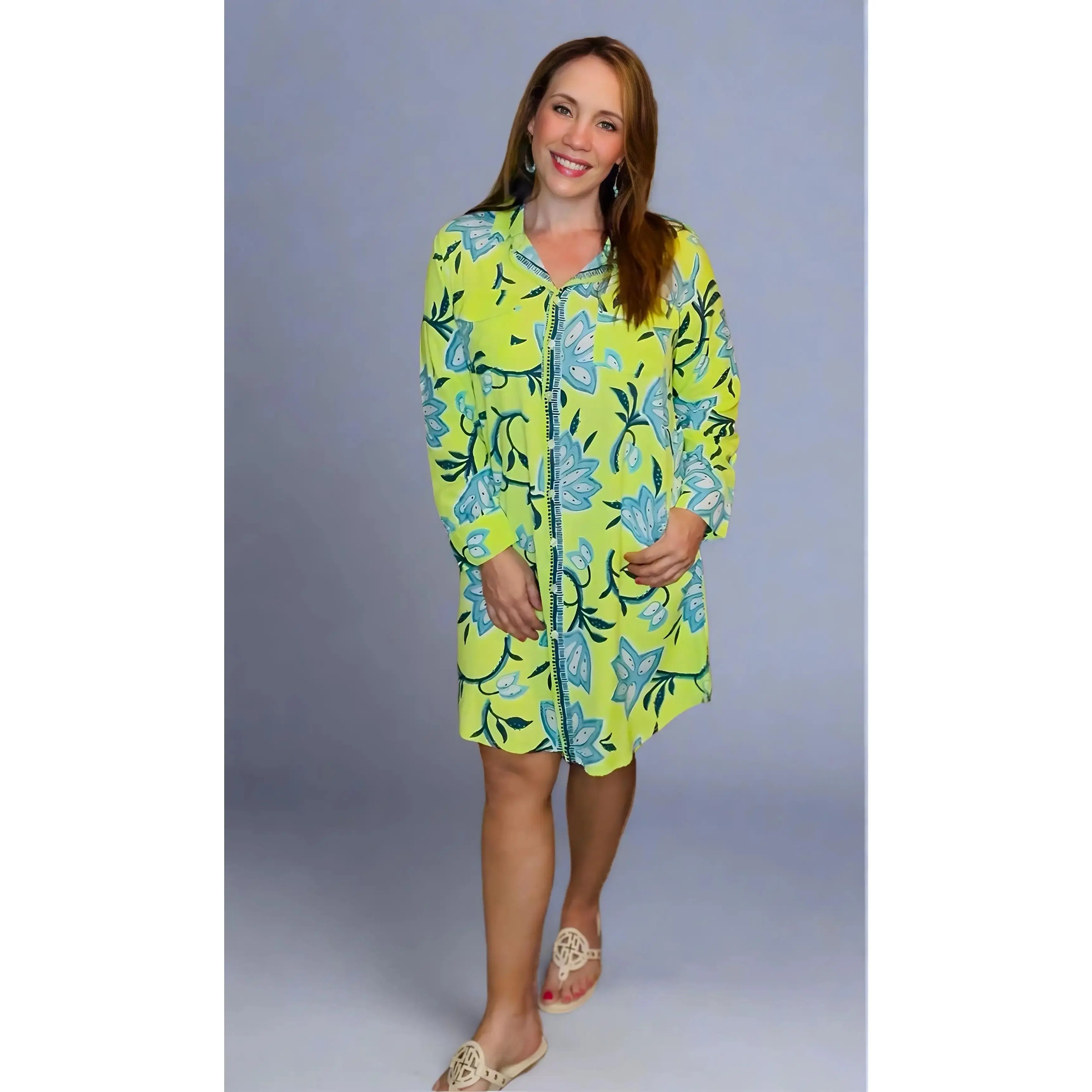 Avani Del Amour Lime Green Dancing Flower Long Sleeve Missy Shirt Dress