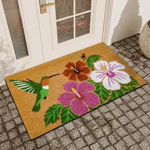 1 pc Spring Flowers and Birds Printed Door Mat Flax Surface Diatomaceous Earth Non-Slip Water-Absorbing Entrance Door Mat Indoor Outdoor Printed Holiday Home Decor Flower Pattern Rugs