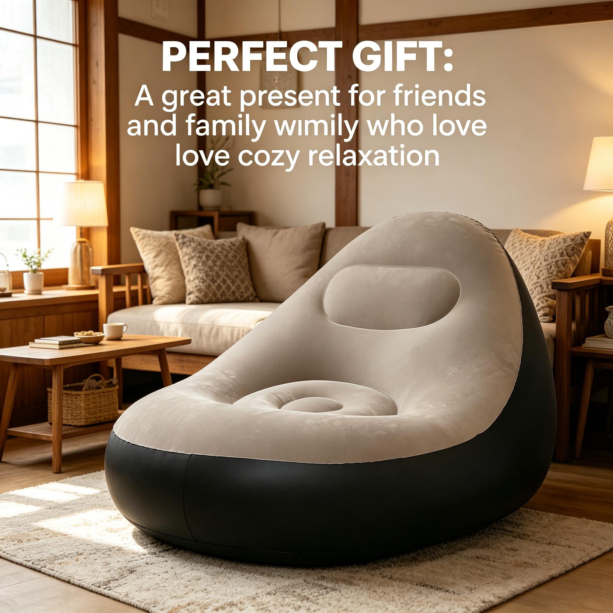 1pc Portable Brown Inflatable Lounge Chair with Footrest, Flocked Soft Surface, Foldable Single Recliner Sofa for Home Bedroom Balcony Living Room Camping Outdoor Leisure