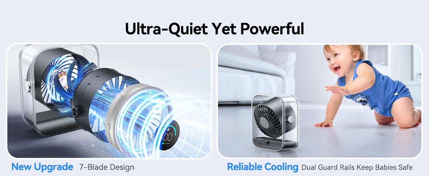 KIMMOO Rechargeable USB Desk Fan, Quiet Table Fan with Turbo Airflow, 100 Speeds, Digital Display, 90° Rotating, Small Battery Desktop Fans for Bedroom Home Office Travel, Black