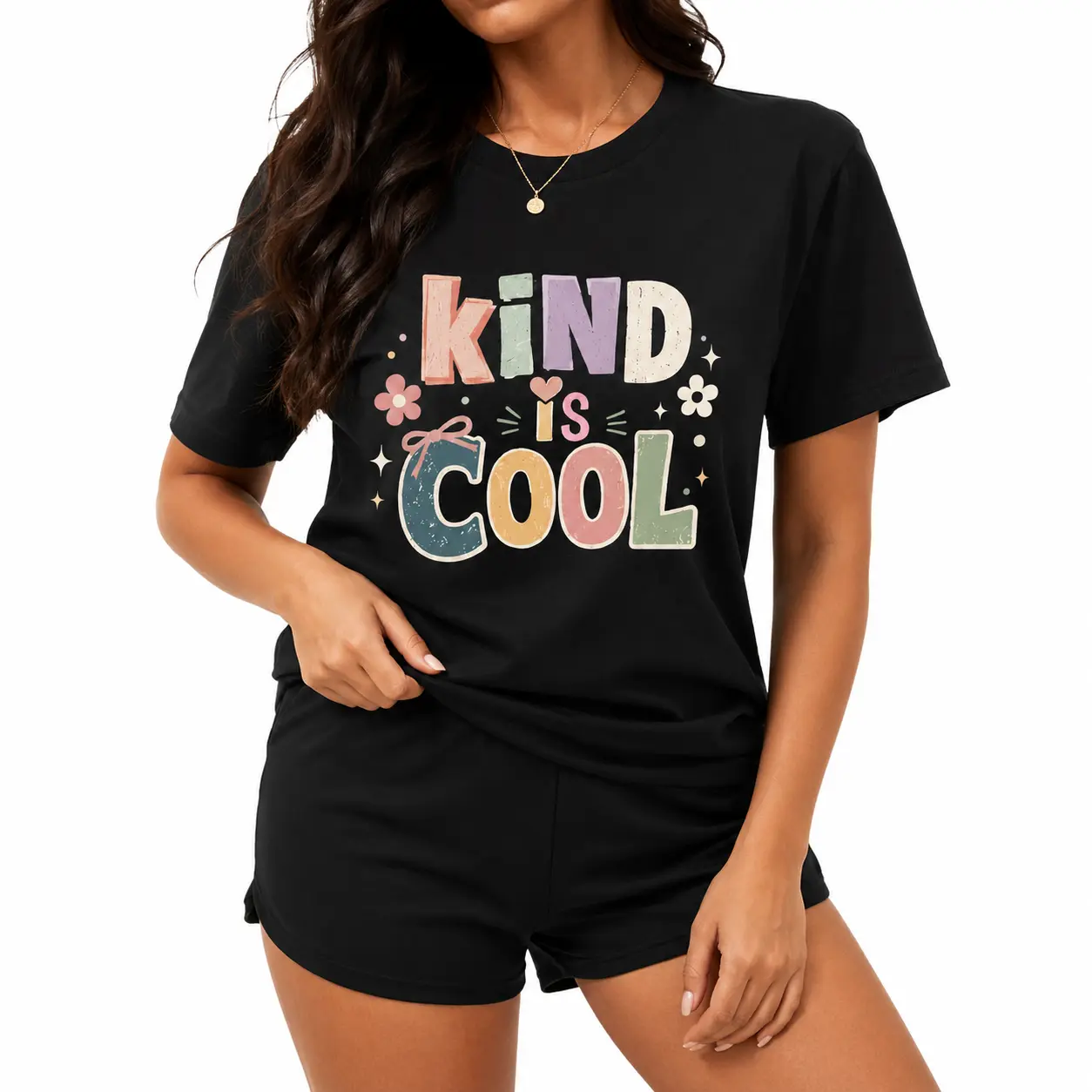 Kind Is Cool Graphic T-Shirt, Positive Kindness Quote Letter Print Black Tee for Women Men, Unisex Casual Crew Neck Top, Back to School Teacher Student Campus Outfit, Retro Floral Streetwear Shirt, Everyday Gift
