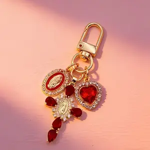 Elegant Religious Keychain, Cross with Gemstones, Catholic Gift for Men and Women, Fashion Accessory, High-Quality Decorative Key Ring, Heart Design Keychain