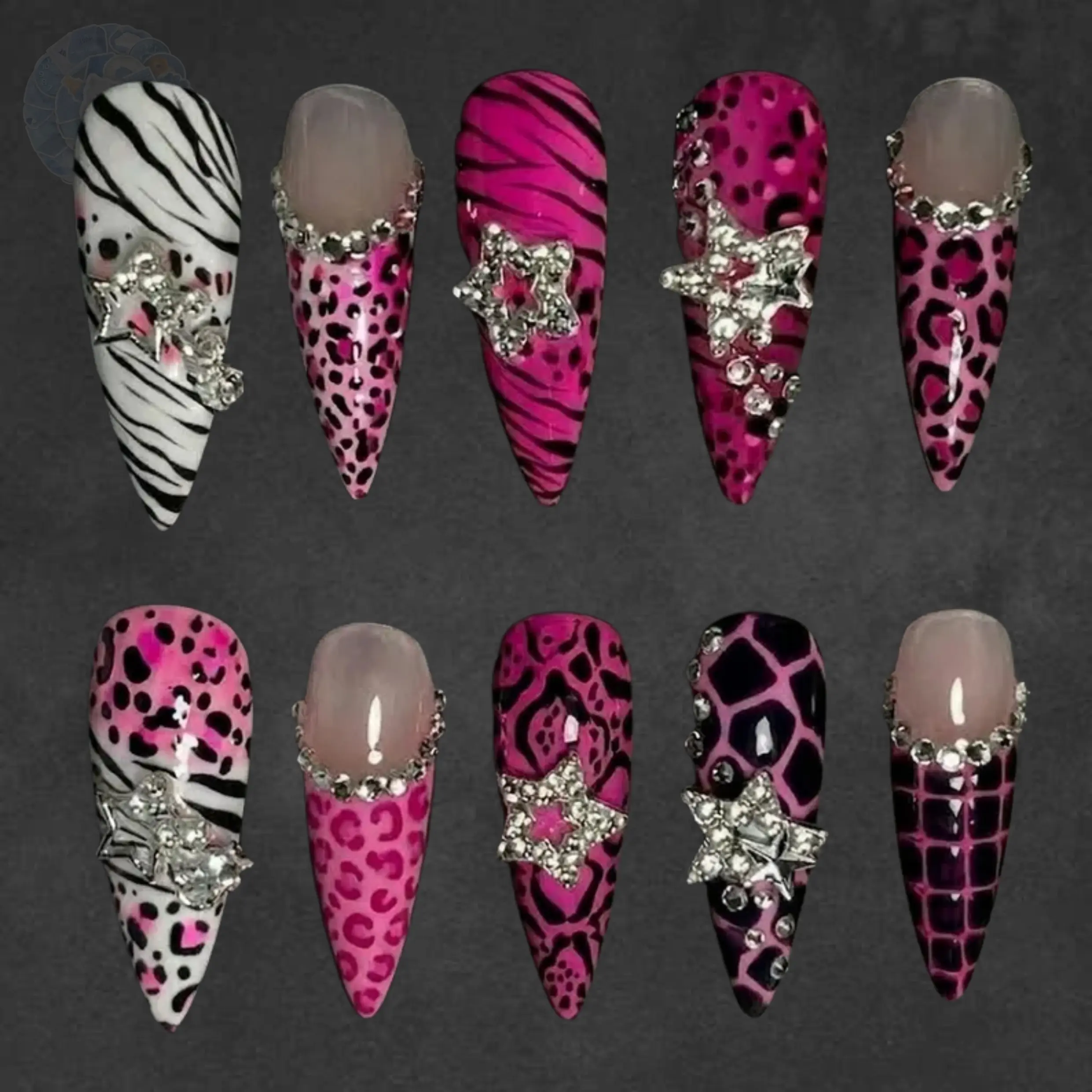 Handmade Pink Animal Print Press On Nails | Zebra Leopard Star Rhinestone 3D Design | Hot Pink Black Nail Set