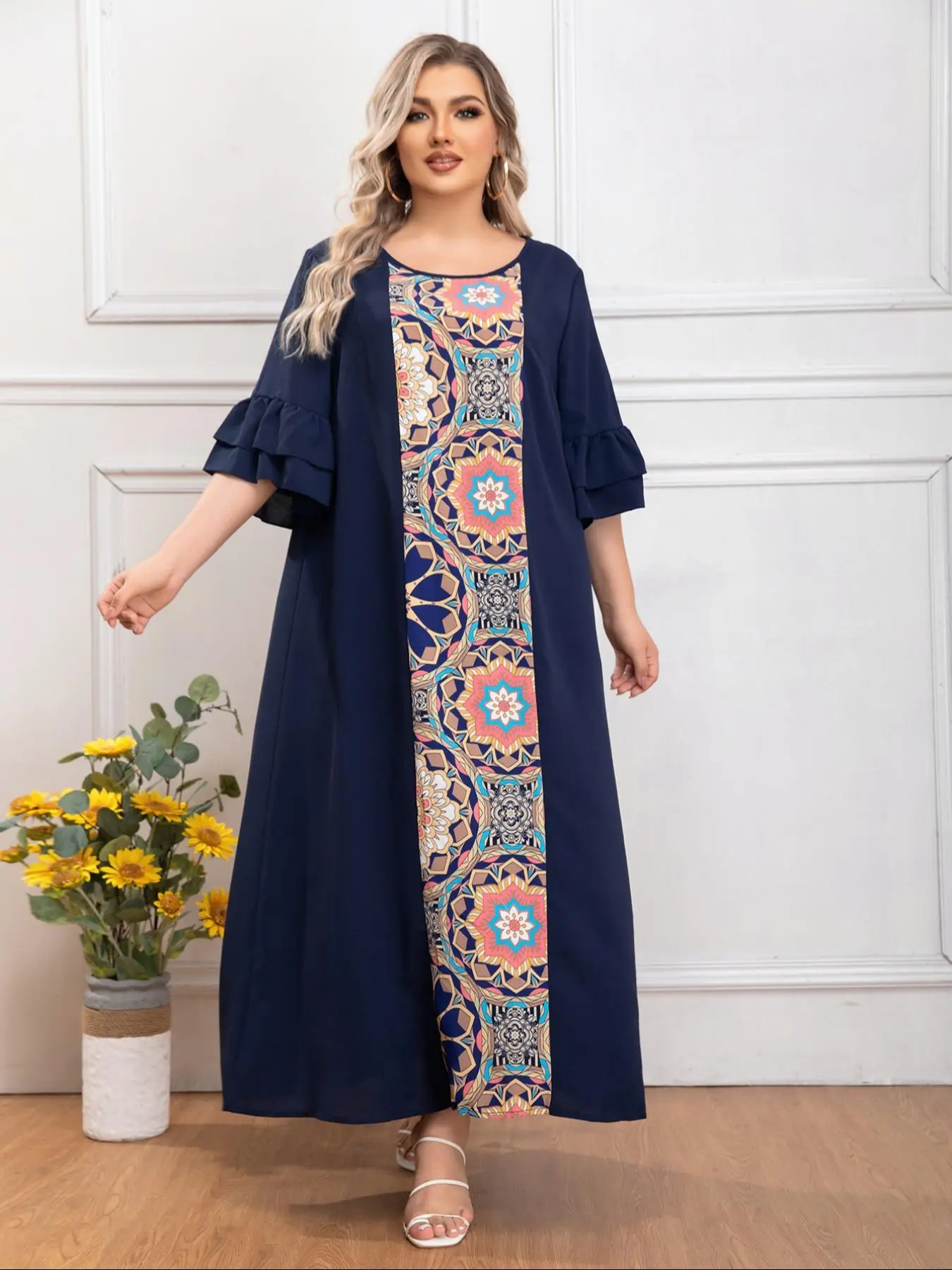 Plus Size Patchwork Print Ruffle Layered Sleeve Tunic Dress, Elegant Round Neck 3/4 Length Sleeve Dress For Women, Ladies Spring & Fall Clothes