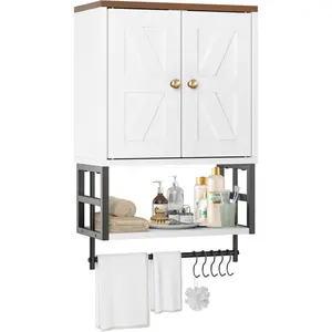 Medicine Cabinet - 3-Tier Wall Mounted Storage Organizer with Adjustable Shelves, Towel Bar, 5 Hooks for Small Bathroom, Laundry Room, Over Toilet, Living Room, Bedroom (White)