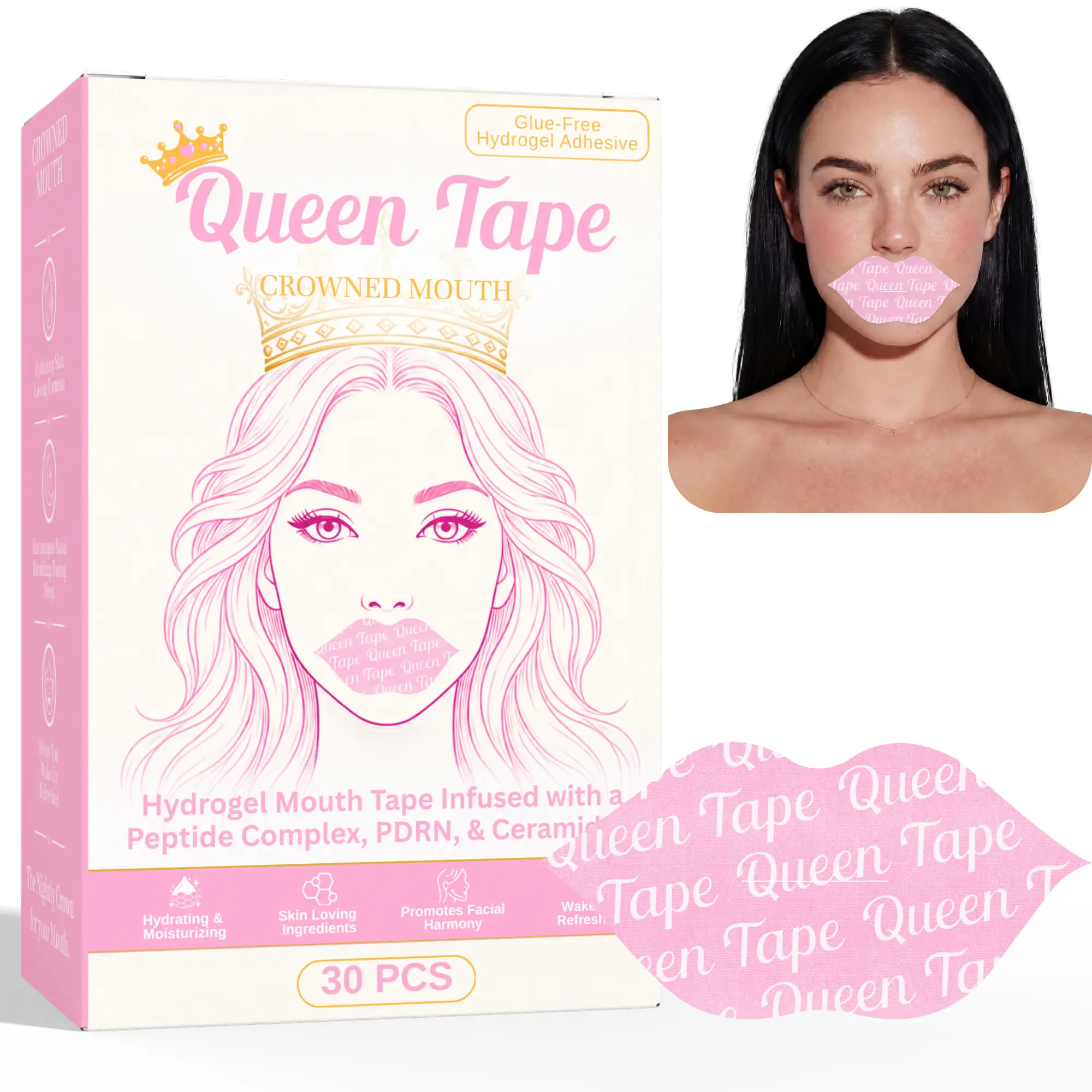 Queen Crowned Mouth Hydrogel Mouth Tape for Sleeping, Moisturizing Lip-Shaped Sleep Strips with Peptide Complex, PDRN & Ceramides, Gentle Glue-Free Hydrogel Adhesive, 30 Count