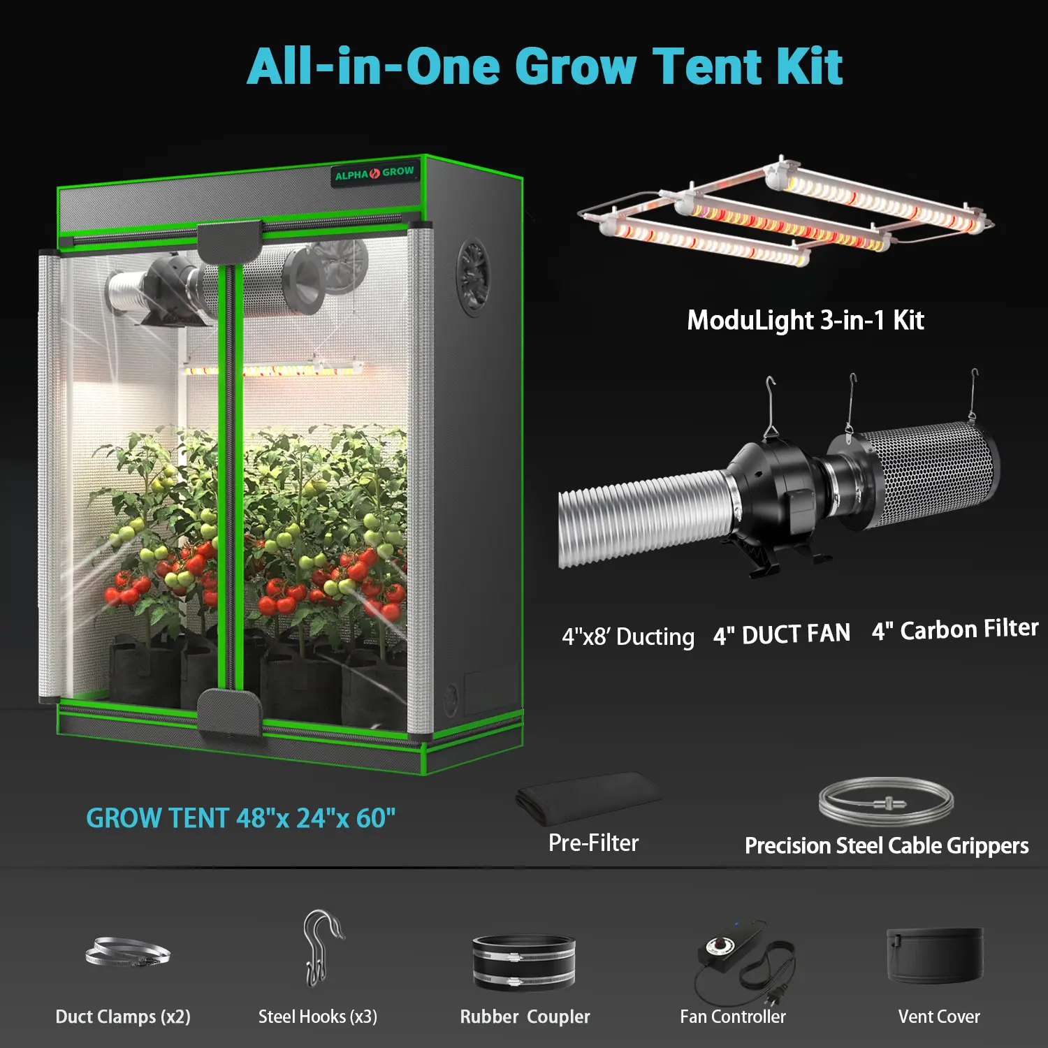 2x4 1800D Tent+4'' Complet Kit