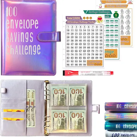 100 Envelopes Money Saving Challenge Binder - Office Stationery Supply, Office Organizer with Transparent Zipper Envelopes, Punch Cards, Budget Planners, Cash Slots, Pen Holder to Save Money & Stay Organized