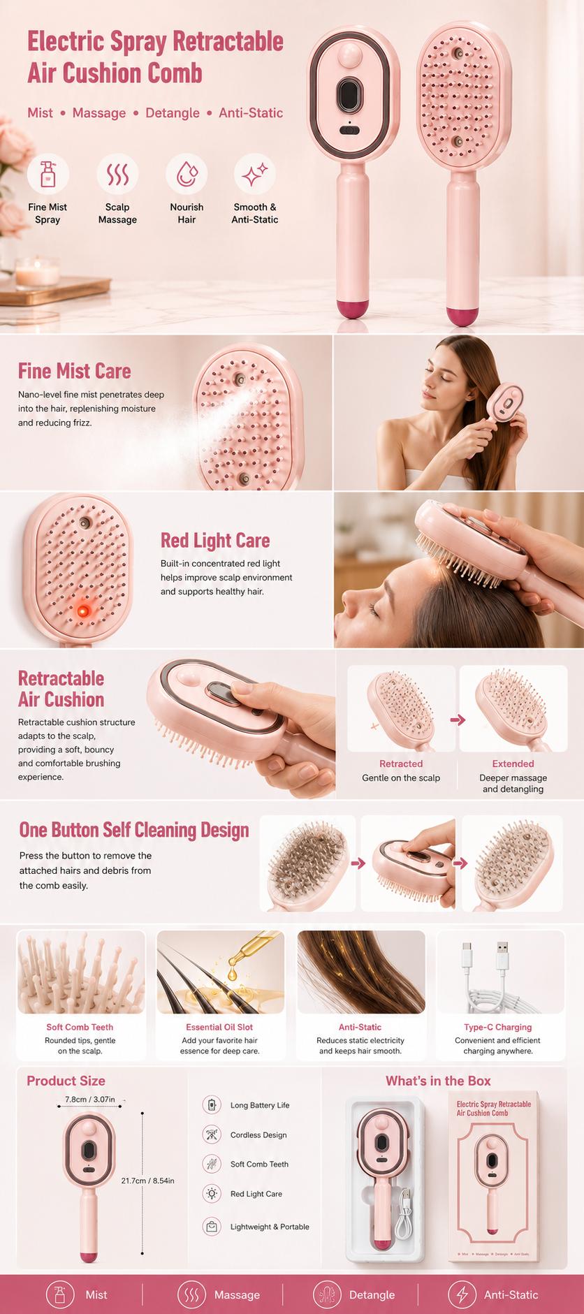Electric Steam Hair Brush, Rechargeable SprayHair Brush, Light Electric Mist Pad Comb,Reduces Frizz, Home Spa, Detangling, ScalpCare-Electric Spray Cushion Massage Comb