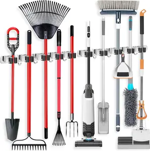 2 Pack Wall Mount Broom Holder Stainless Steel 5 Racks with 4 Hooks Broom Organizer Self Adhesive Heavy Duty Laundry Room, Garage Organization Storage