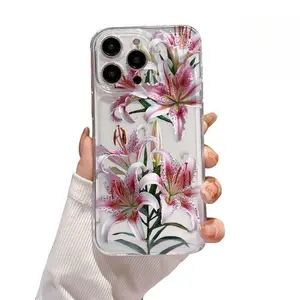 Pink Lily TPU Pattern Phone Case for iPhone 17 Pro Max 16 15 14 Plus 13 12 11 Air XR X XS Plus Non-Yellowing Clear Crystal Drop-proof Protection Slim Silicone Cover Cellphone Protective/TMTKK13