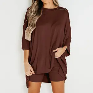 Full Size Soft Rayon Tree-Quarter Sleeve Top And Shorts Two-Piece  Set For Women Sleepwear Silk Loungewear