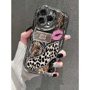 Leopard Print Painted Electroplated Cute Cartoon Flat Printed Cream Silver Wavy Edge Painted Soft Case Vintage Red Plaid Button Phone Case - Aesthetic Y2K Preppy Cover Suitable for a variety of iPhone models, from 17 series to 11 series
