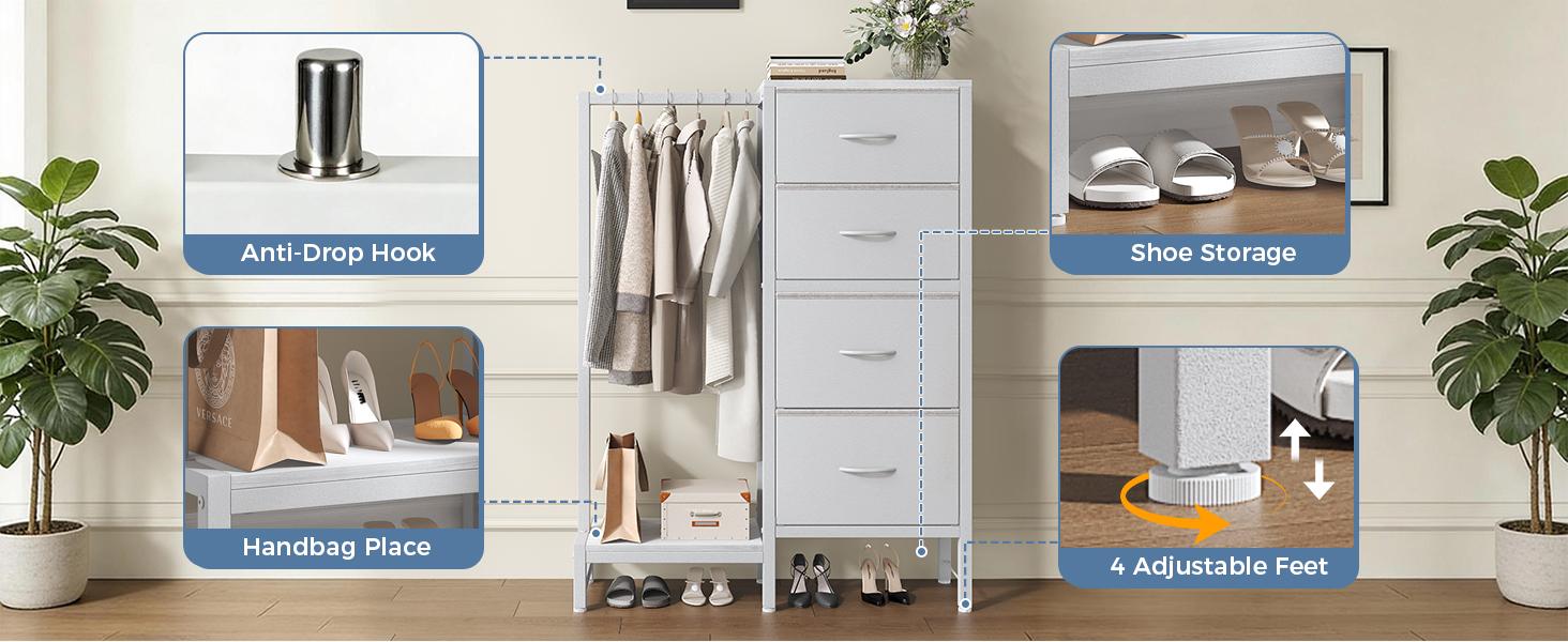 Dresser With Hanging Rack，Closet Organizer,With Hanging Rack With LED Lights & Charging Station,Wooden Top, for Home Living Room