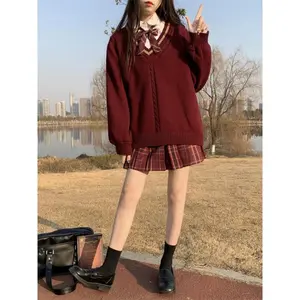 V-neck Twist Patchwork Grunge Sweaters Loose Knitted Vintage Solid Preppy Jumpers Japanese Y2k Aesthetic Femme Casual Pullovers