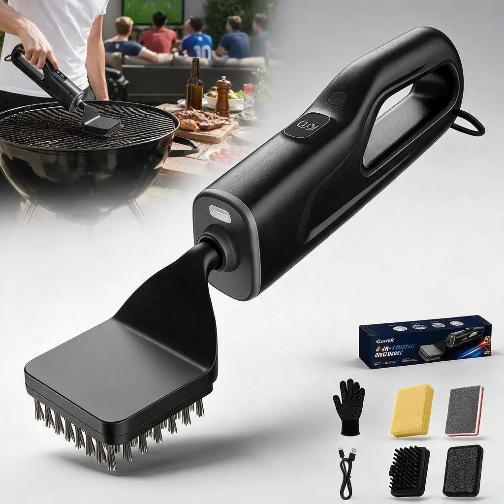 Electric Grill Brush – Cordless Rechargeable BBQ Cleaner, Bristle-Free Safe for All Grills, Fireproof Heat-Resistant Head, Quiet Long Battery Life, No Splatter Reciprocating Motion, Family Gatherings, Summer Grilling Season