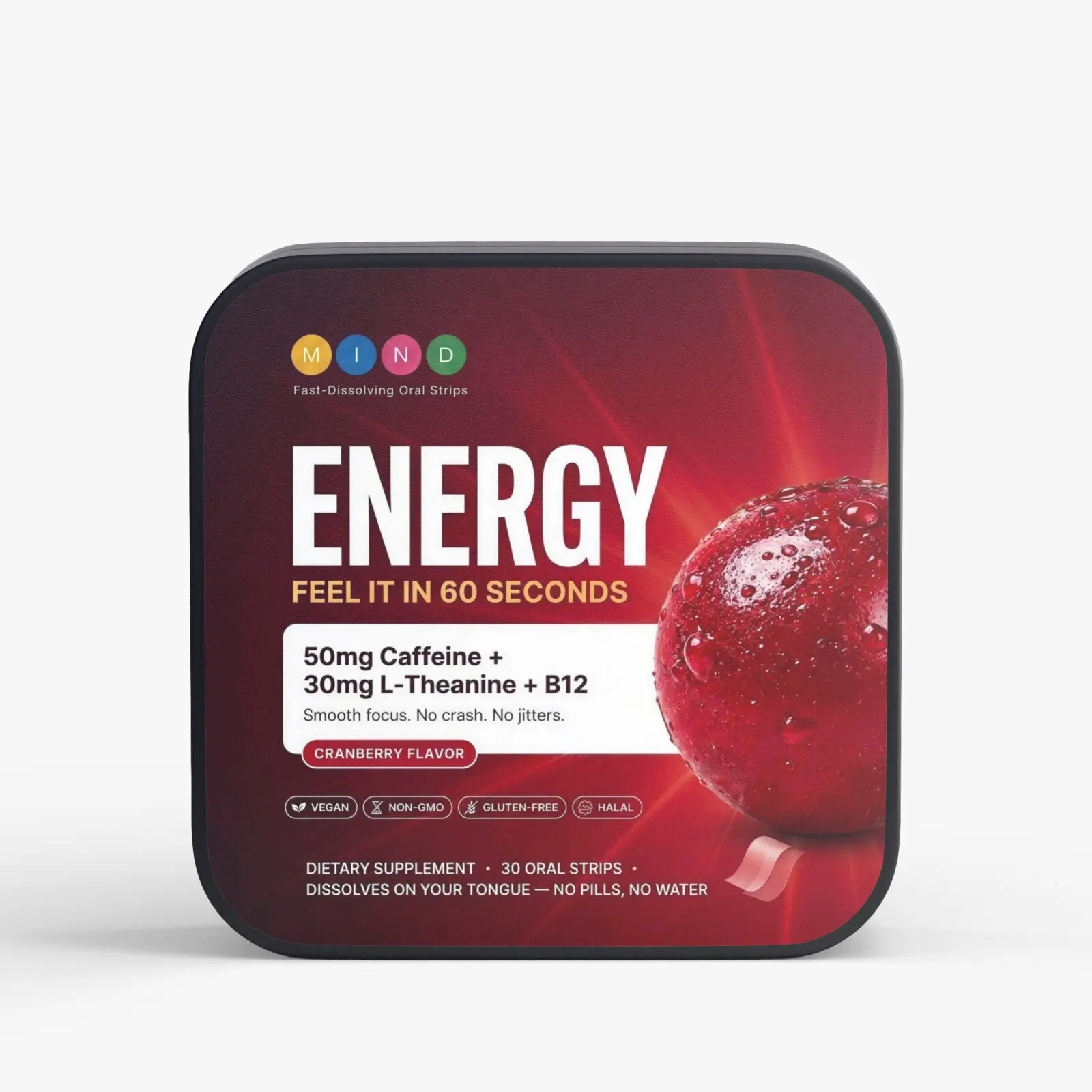 MindStrips Energy Strips, Cranberry Flavor, 30 Fast-Dissolving Oral Strips, 50mg Caffeine + 30mg L-Theanine + B12, Feel It in 60 Seconds, Vegan, Non-GMO, Gluten-Free, No Pills, No Water