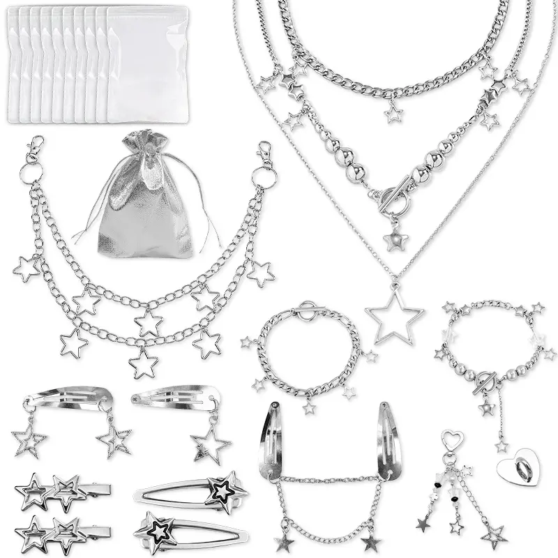 27 pieces Y2K silver star themed jewelry set, including stacked pendant necklaces, bracelets, bag chains, hair clips, and keychains. Comes with a storage velvet bag and transparent self sealing bag, suitable for daily wear, parties, and street styling