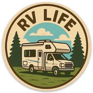 RV Life Daytime Scene Sticker - Circular Design Featuring RV and Forest Landscape Elements