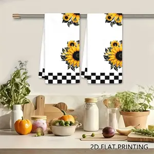 2PC  Rustic Sunflower Dark Leaves Checkered Border Swedish Dishcloth, Reusable Absorbent Cellulose Sponge Wipe, Kitchen Cleaning Cloth