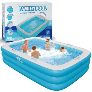 Premium Inflatable Round Swimming Pool with Blow Up Padded Floor, Cup Holder, Handles and Drain - 60"x22" Deep Round Large Kiddie Pool Perfect for Adults and Kids Ages 4 5 6 7 8+