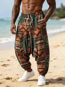 Men's Aztec Print Harem Pants, Elastic Waist Baggy Casual Trousers, Ideal for Beach Vacation, Streetwear & Yoga