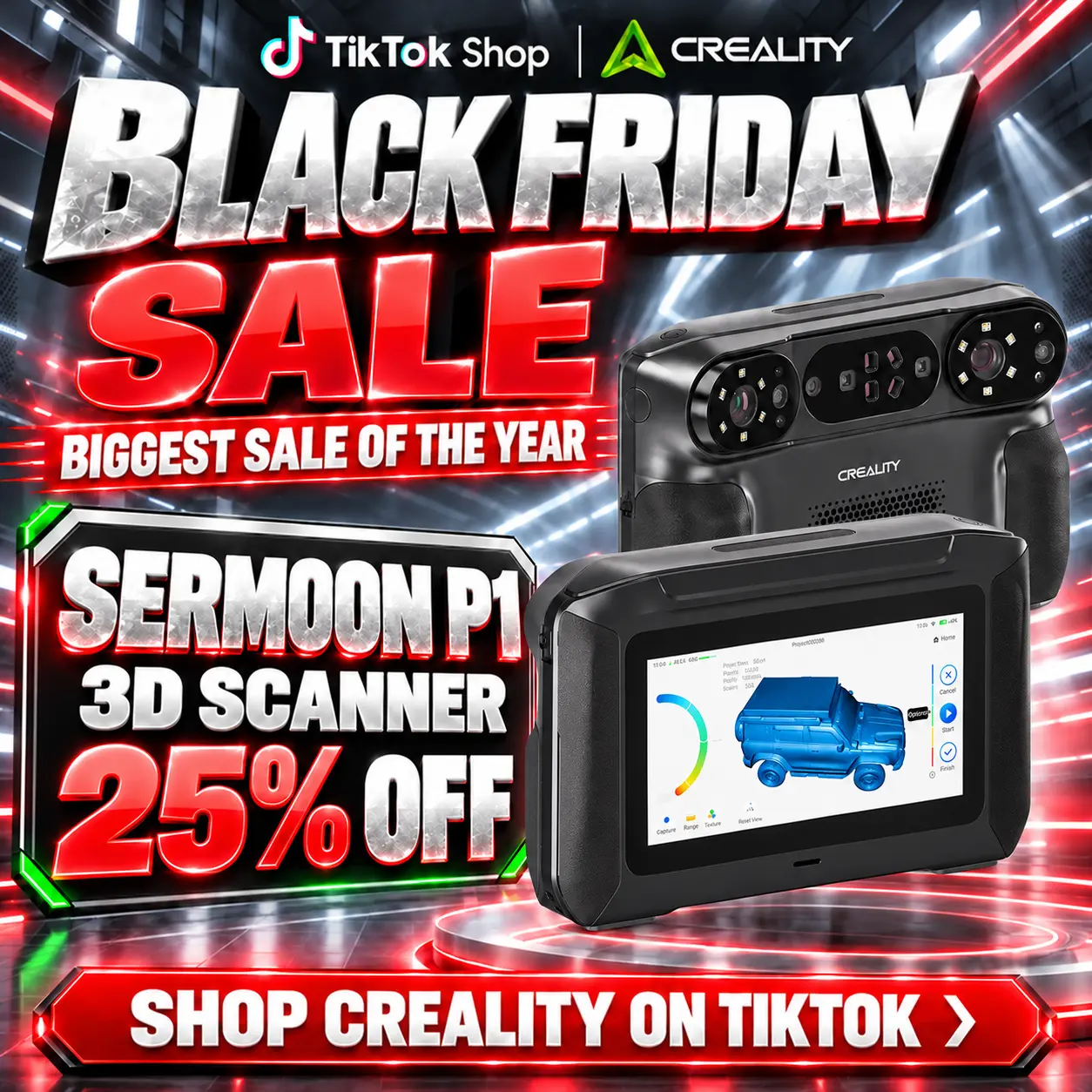 Creality Sermoon P1 Portable 3D Scanner for  3d printer Engineering & Inspection - 22+8 Dual NIR Lasers, 0.02mm High Precision, 5-4000mm Size Range, Fast Scan Mode, HD Screen, Wireless/PC Connectivity, Hot-Swap Batts