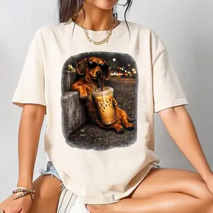 Dachshund Drinking Iced Coffee Shirt, Funny Dog Meme Tee, Animal TShirt, Coffee Lover Dachshund Meme Shirt