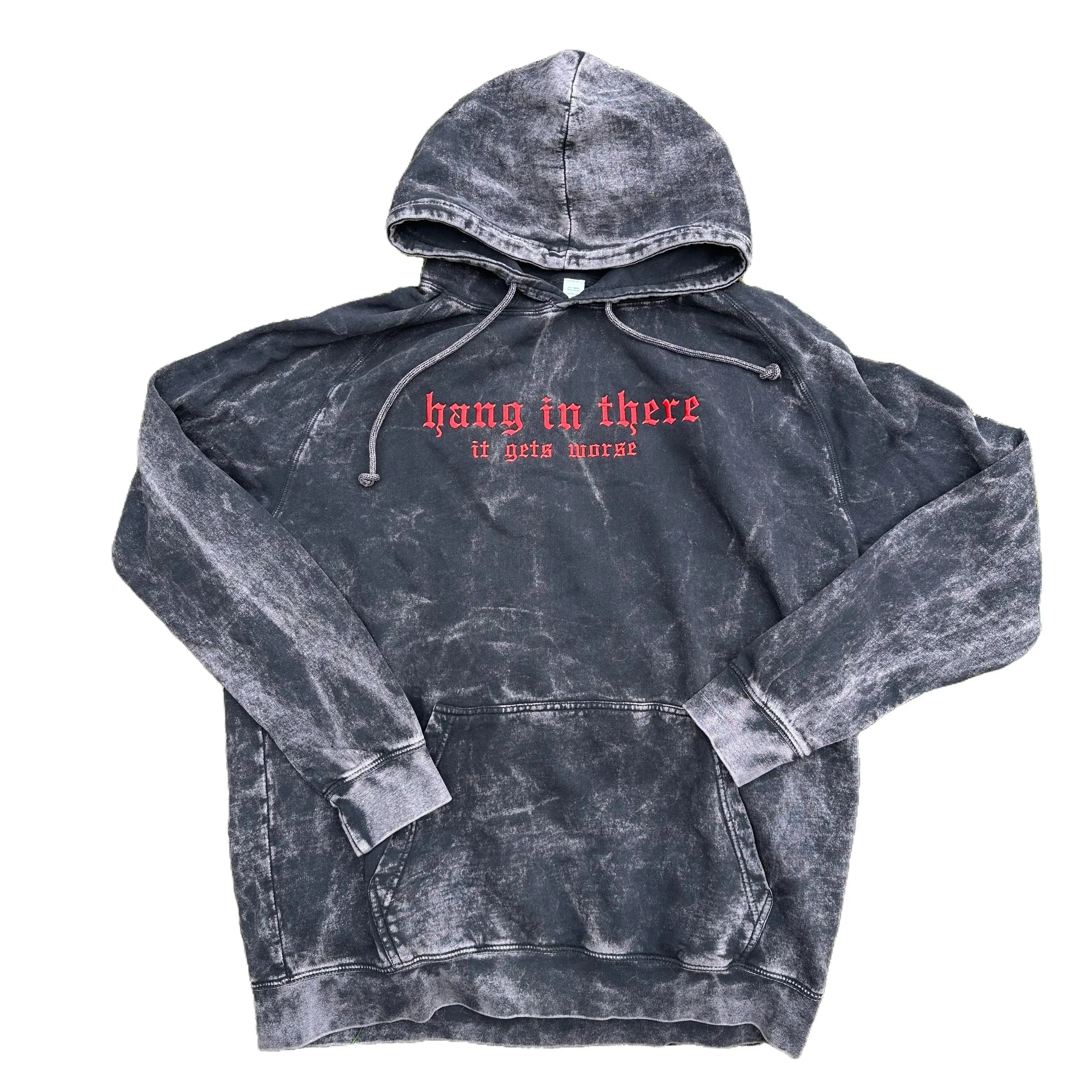 Hang In There It Gets Worse Vintage Embroidered Hoodie, Funny Sweatshirt, Gift for Goth, Alt Fashion, Streetwear Casual Pullover Sweatshirts Embroidery