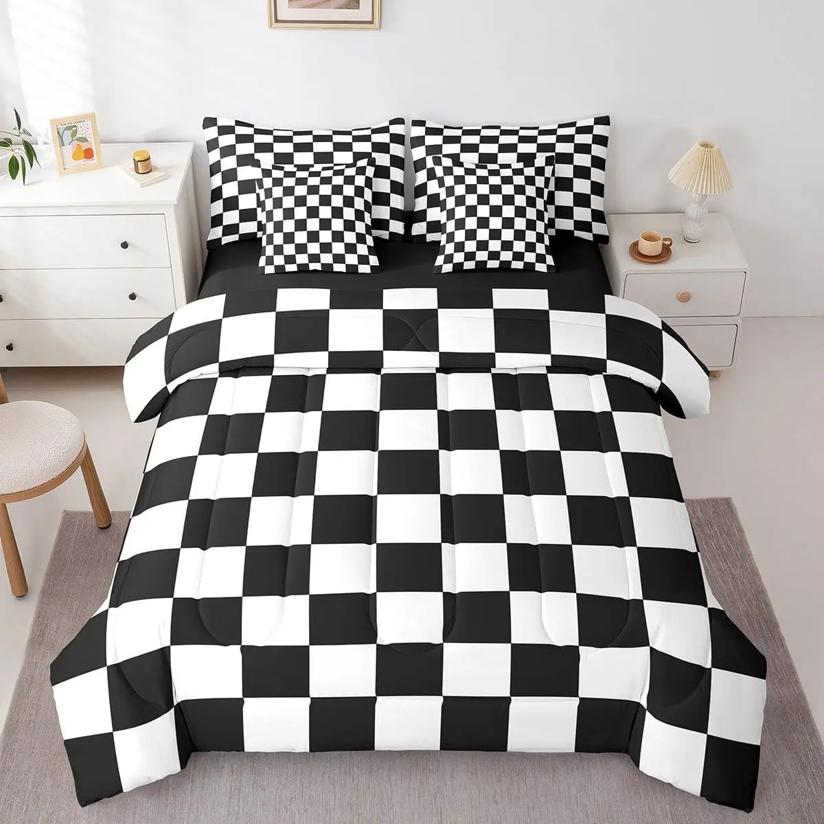Feelyou 7-Piece Multi-Size Microfiber Bedding Set - Black-White Checkered Retro Geometric Comforter Set with Sheets, Bed-in-A-Bag for Teens