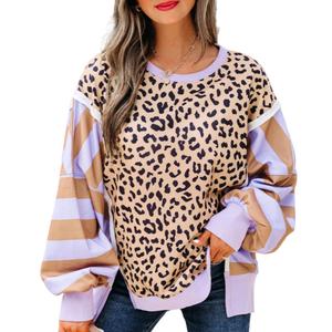 Asvivid Women's Fashion Stripe Color Block Patchwork Leopard Casual Sweatshirts Pullover Tops with Slits Sweatshirt for Woman