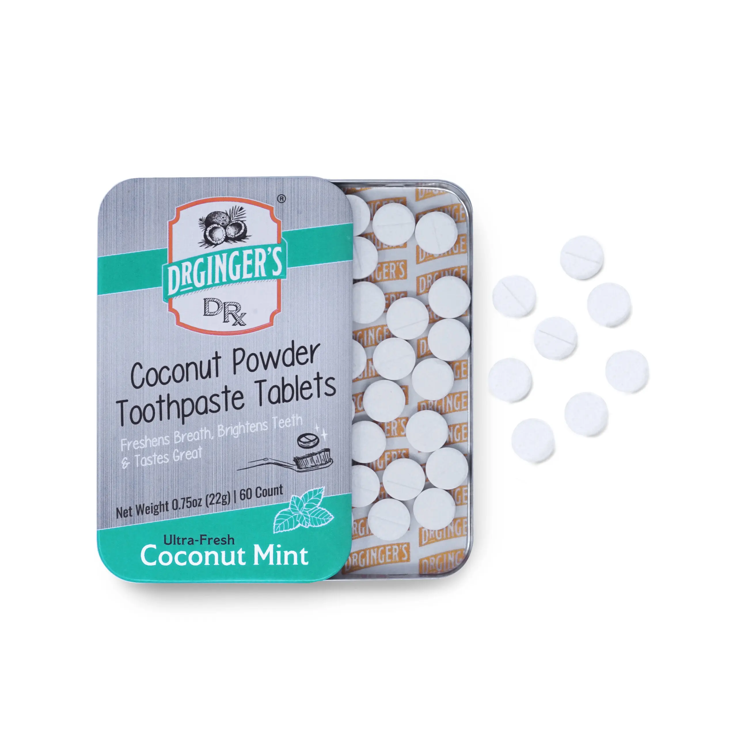 Dr. Ginger Toothpaste Tablets - 0.75oz Tin, Fluoride-Free, Dentist-Formulated, 60 Tablets Coconut Mint Oral