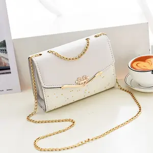 Elegant Women's Crossbody Bag with Pearl & Rhinestone Embellishments, Golden Chain Strap, and Glittery - Clasp Closure