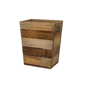Small  Trash Can, Farmhouse Rectangular Garbage Can  Basket, Rustic Distressed Reclaimed  Wastebasket,  Wooden Trash Recycling Bin Storage Basket with Metal Handles ()