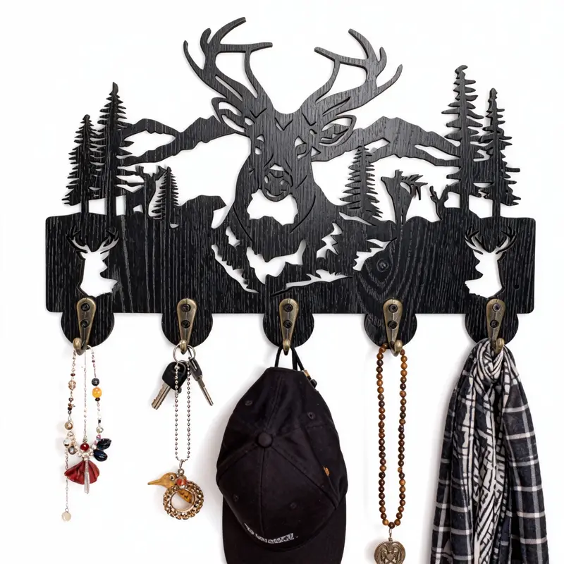 Rustic Style Deer-Shaped Wooden Key Holder, Animal-Themed Decor Wall-Mounted Organizer, Easy Installation, Perfect for Living Rooms, Hallways, Offices, Storage Hooks, Room Accessories, Decoration Items