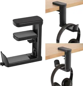 Rotating Headphone Stand - PC Gaming Headset Holder, Adjustable Clamp-on Under Desk Hanger With 360 Degree Swivel & Cable Clip Organizer - Black