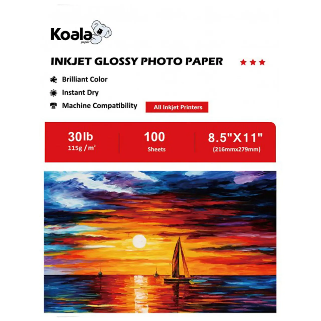 Koala 115gsm Inkjet Glossy Photo Paper 100 Sheets 30lb for Inkjet Printers 8.5" x 11" Brilliant Color Instant Dry No Watermark Art Sketchbooks