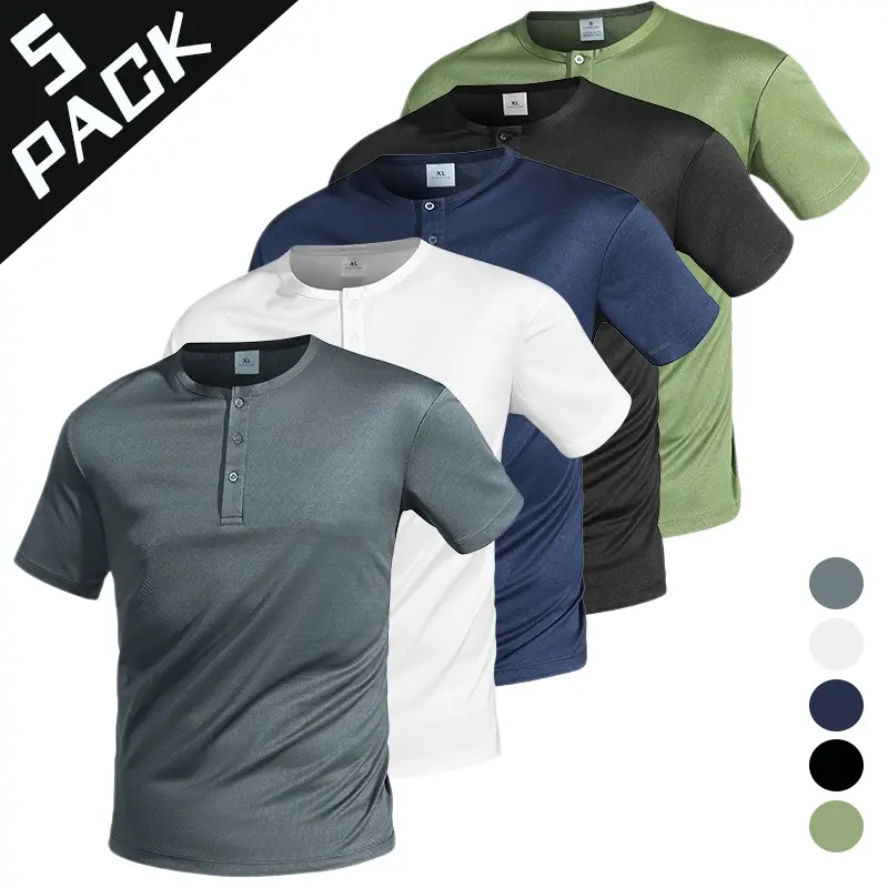 Solid-color Henley short-sleeve shirts, 5-piece set, light business casual style for everyday wear, lightweight, breathable polyester fabric, multiple basic earth tones, a wardrobe staple suitable for layering under or wearing on its own for men. sohochic