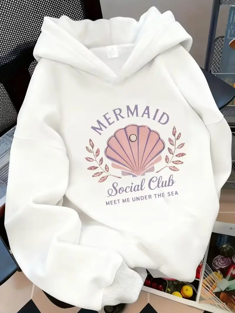 Mermaid Social Club Pearl Shell Vintage Back Print Cotton Hoodie, Coastal Mermaid Aesthetic Casual Sweatshirt