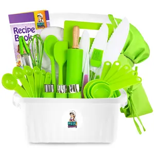Kids Cooking and Baking Set for Girls, Boys, Toddler - Real Kitchen Utensils with Kid Safe Knives, Apron, Chef Hat, Cutting Board,  Recipe Book & More