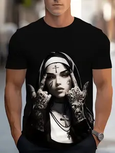 Men' Nun & Cross Tattoo Graphic T-Shirt - Edgy Streetwear Tee with Bold Nun & Cross Design, Regular Fit Round Neck Casual Top, Suitable for Birthday Gifts, Casual Attire, Urban Style Outfits (Hand Washable) - Apparel for Trendy Wardrobe