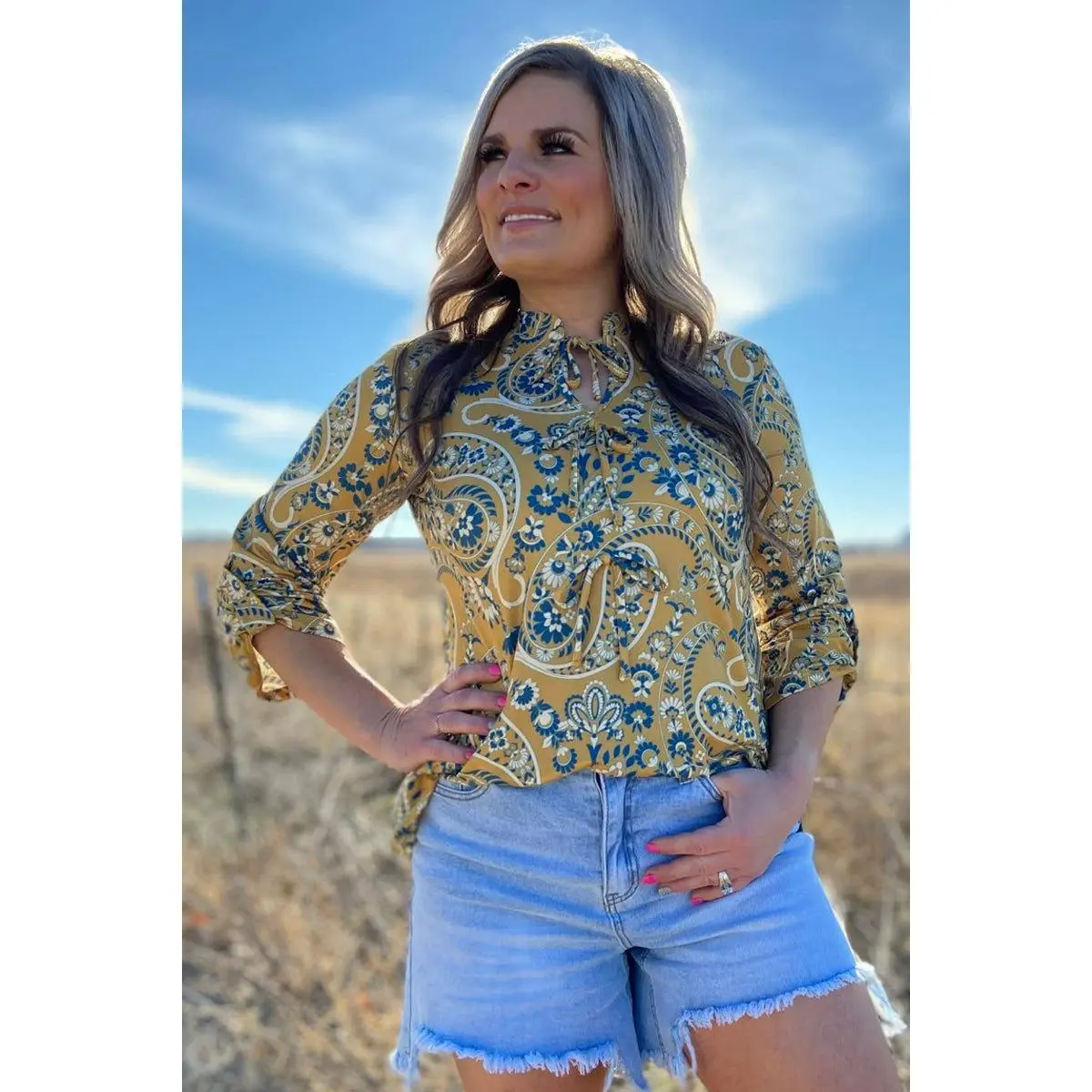 Sterling Kreek Women’s Lightweight Western Blouse - Mustard Paisley Cowgirl 3/4 Length Sleeves Bow Tie Front, Denim Blue Fabric, Relaxed Feminine Fit, Western Ootd, Everyday Wear, Floral Print, Elegant Design