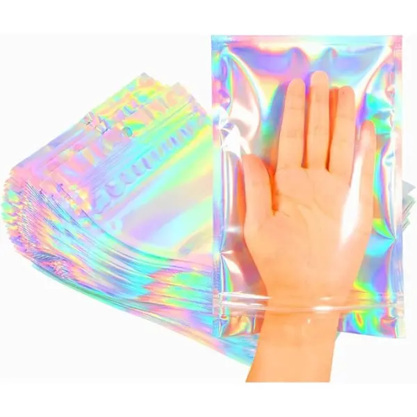 100 PCS Aluminum Holographic Smell-Proof Resealable Foil Pouch Bags for Home Storage, Party Favors, Small Business Cuts (3 Different Sizes) campingessentials